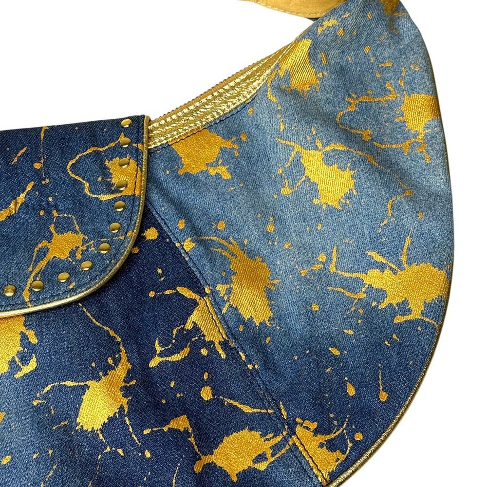 Y2K Denim & Gold Metallic Shoulder Bag Boho Glam Streetwear Purse - Picture 11 of 16